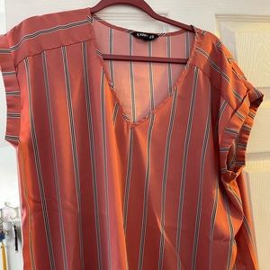 Pink with black and white stripes, cap sleeved Express Blouse.